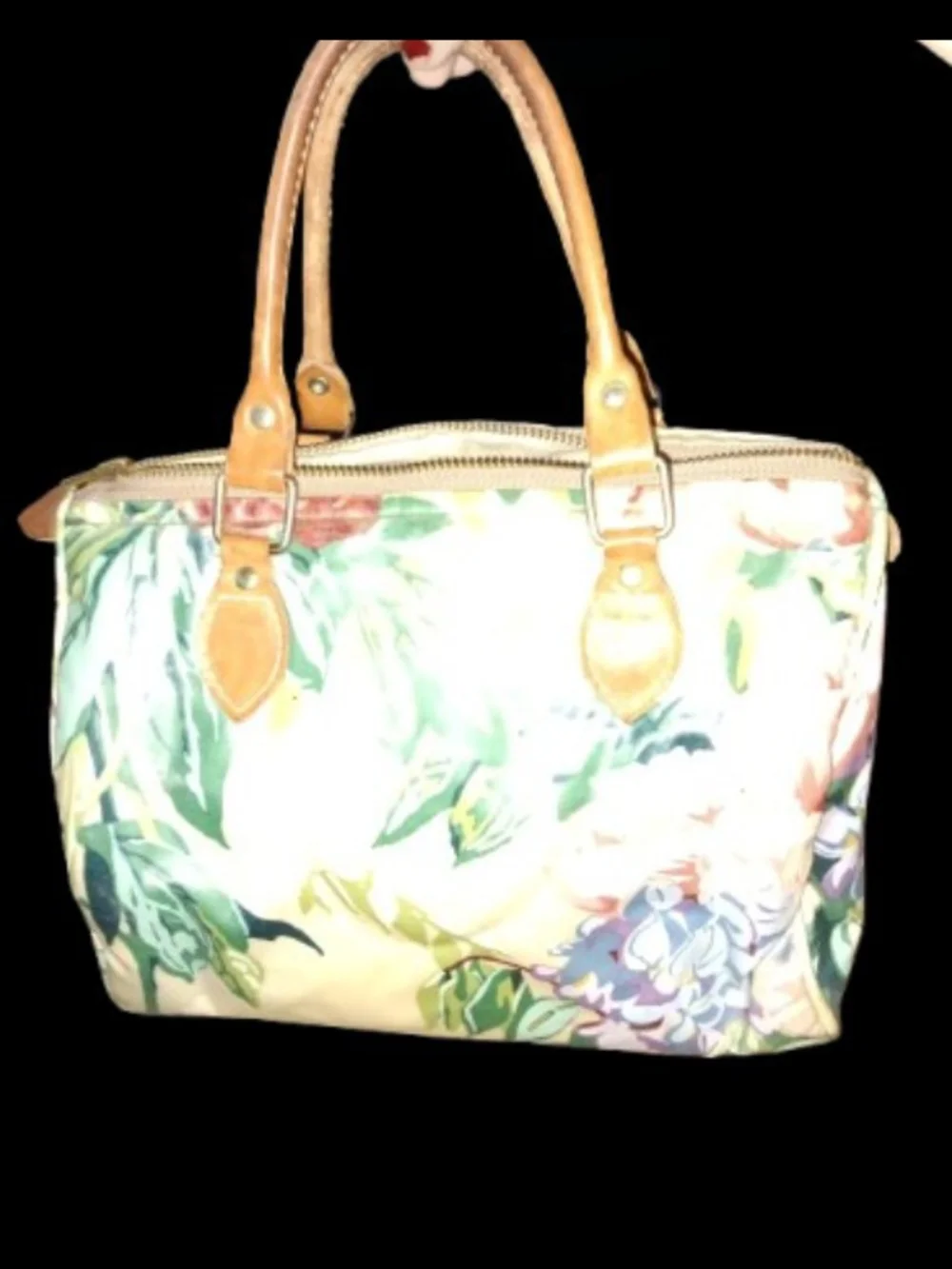 Floral Canvas Satchel with Tan Handles